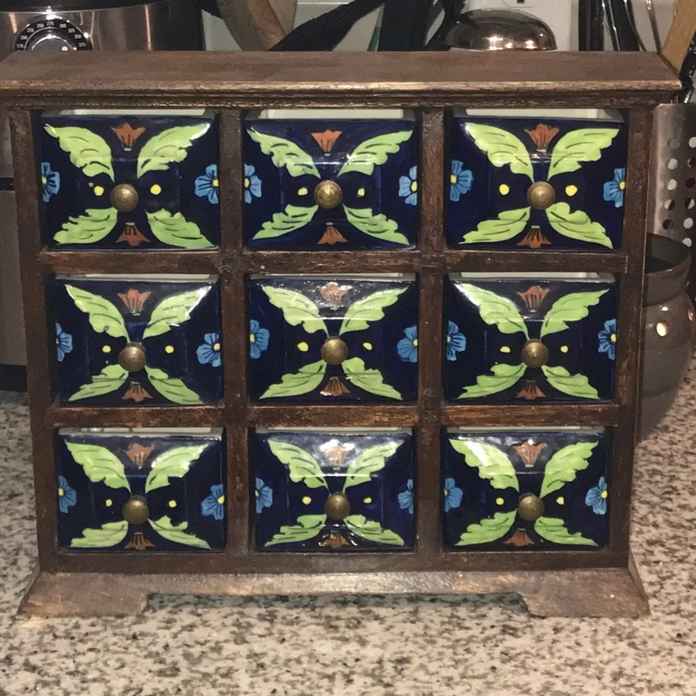 Vintage Wooden Apothecary Spice Box with Ceramic Drawers